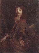 Portrait of a young boy three-quarter length,wearing a  red jacket and an ochre mantle